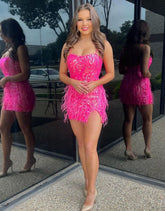 Fuchsia Bodycon Spaghetti Straps Party Dress With Feather
